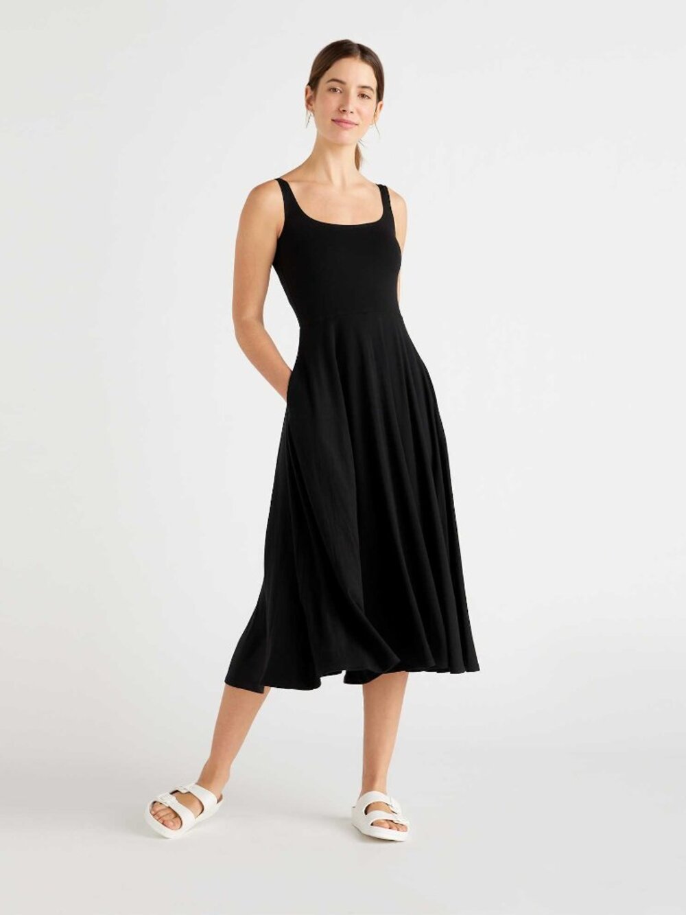 Quince Fit & Flare Knit Pocket Midi Dress Black M NWOT $50
